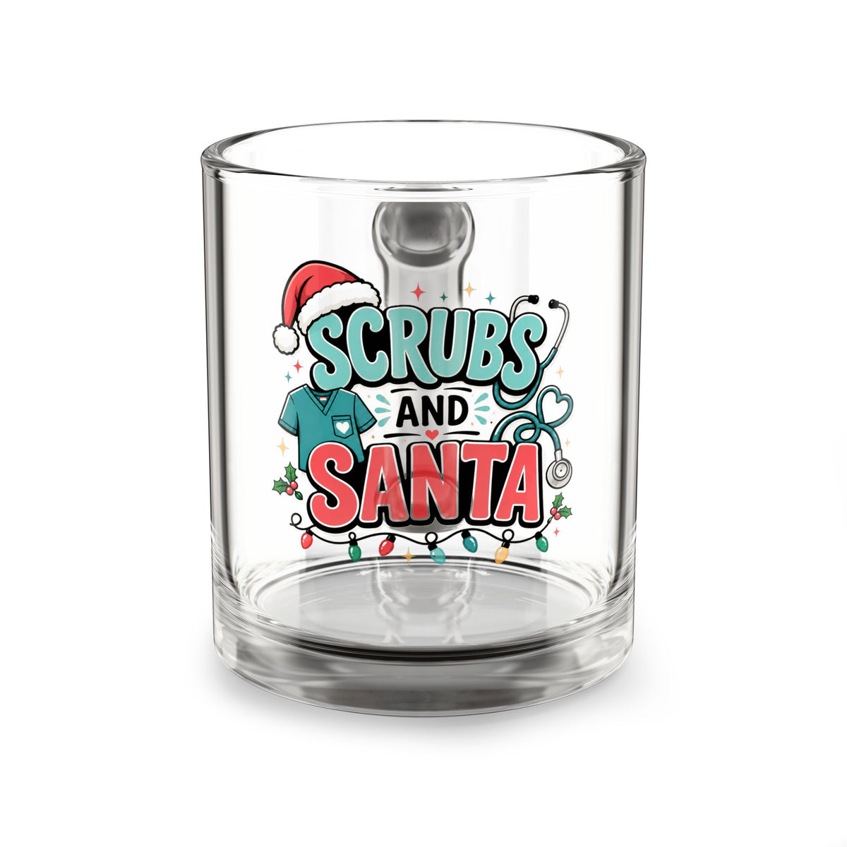 Modern Day Christmas Glass Mug  10oz Glass Mug - "Scrubs and Santa" Christmas Nurse Coffee Cup, 10oz