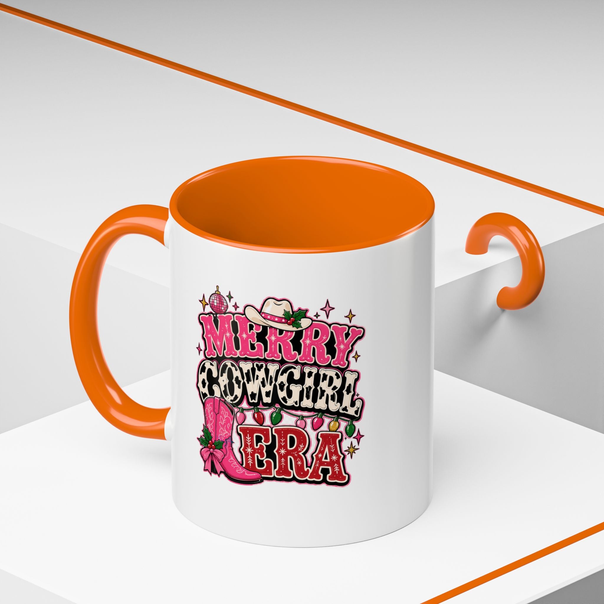 Modern Day Christmas Merry Cowgirl Era Accent Coffee Mug — Festive Pink Western Cowboy Boots & Hat Mug