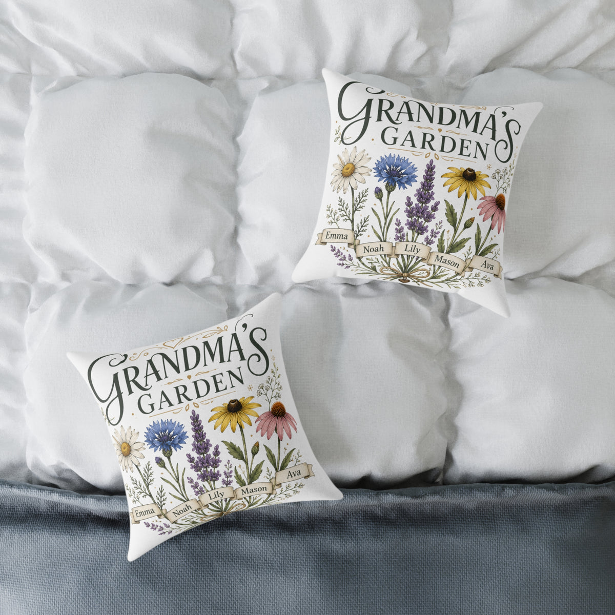 Grandma's Garden Floral Throw Pillow  Milo Bailey Dog Dad Mom— Personalized Family Names