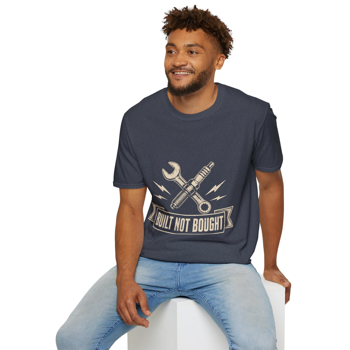 Built Not Bought T-Shirt — Vintage Mechanic Spark Plug & Wrench Tee for DIY Car Enthusiasts
