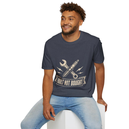 Built Not Bought T-Shirt — Vintage Mechanic Spark Plug & Wrench Tee for DIY Car Enthusiasts