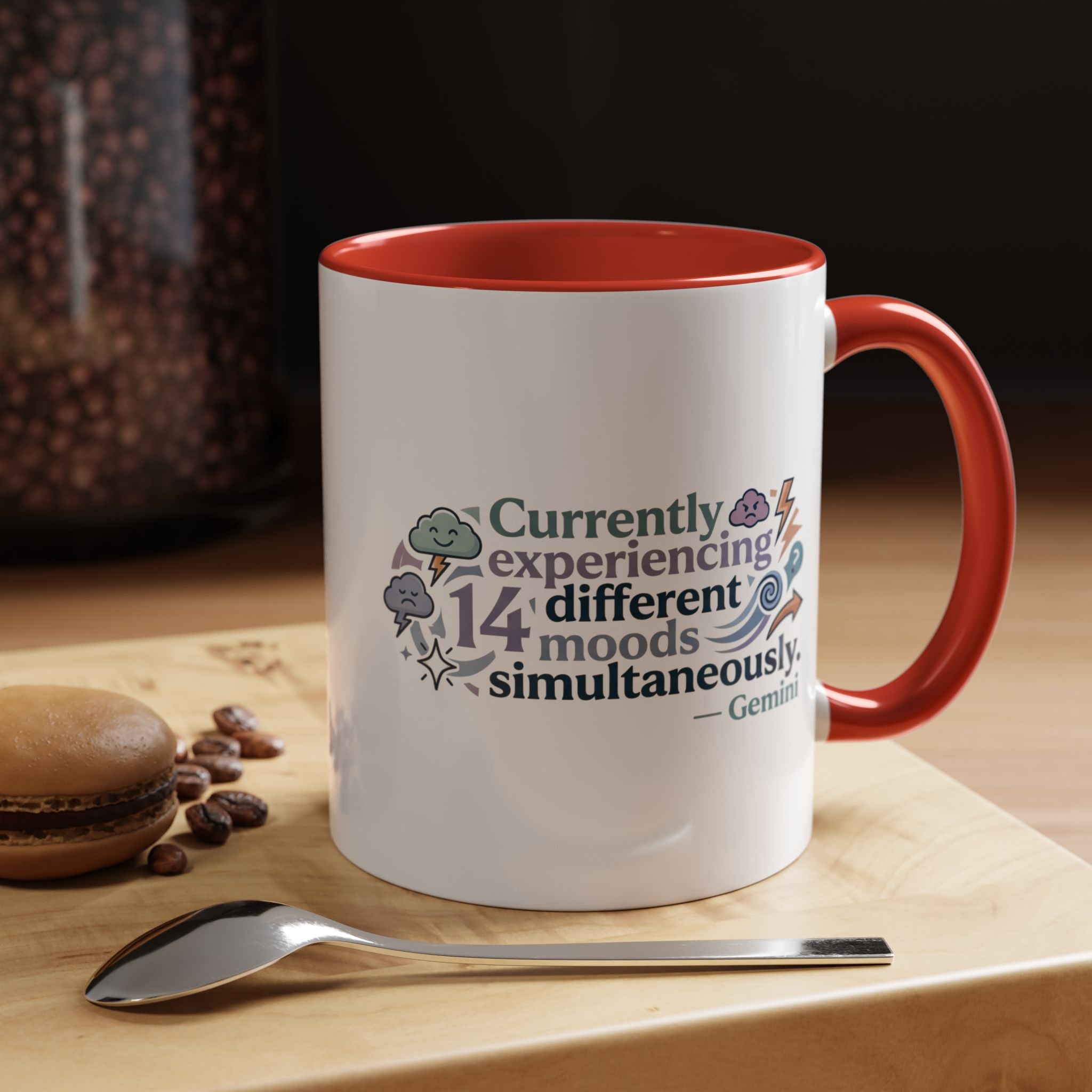 Gemini Mood Coffee Mug — "Currently Experiencing 14 Different Moods" Accent Ceramic Mug
