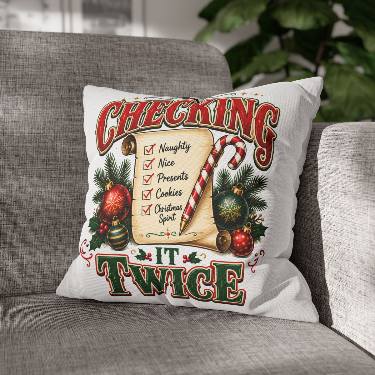 Checking It Twice Christmas Pillowcase — Festive Holiday Checklist Throw Pillow Cover