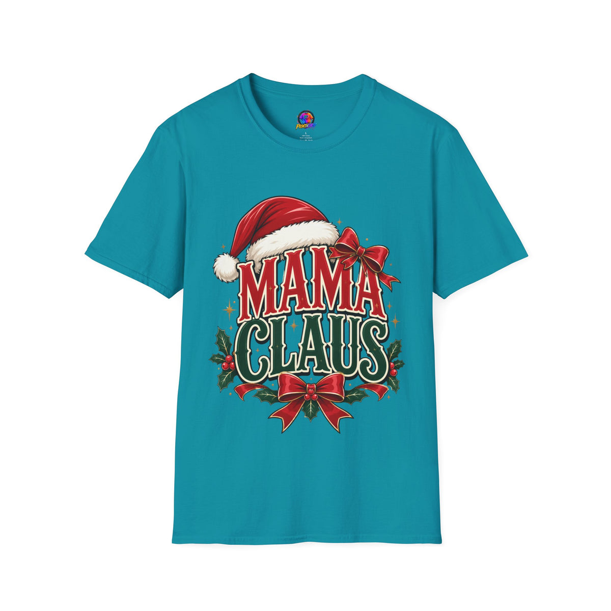 Mama Claus T-Shirt — Festive Christmas Mom Tee with Santa Hat & Bow