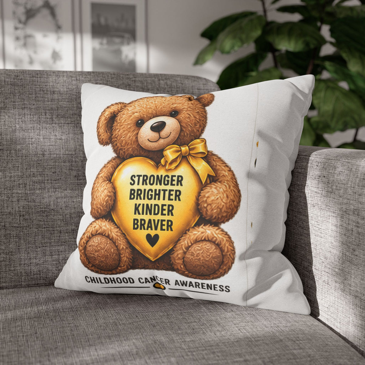 Childhood Cancer Awareness Bear Square Pillowcase – Stronger Brighter Kinder Braver