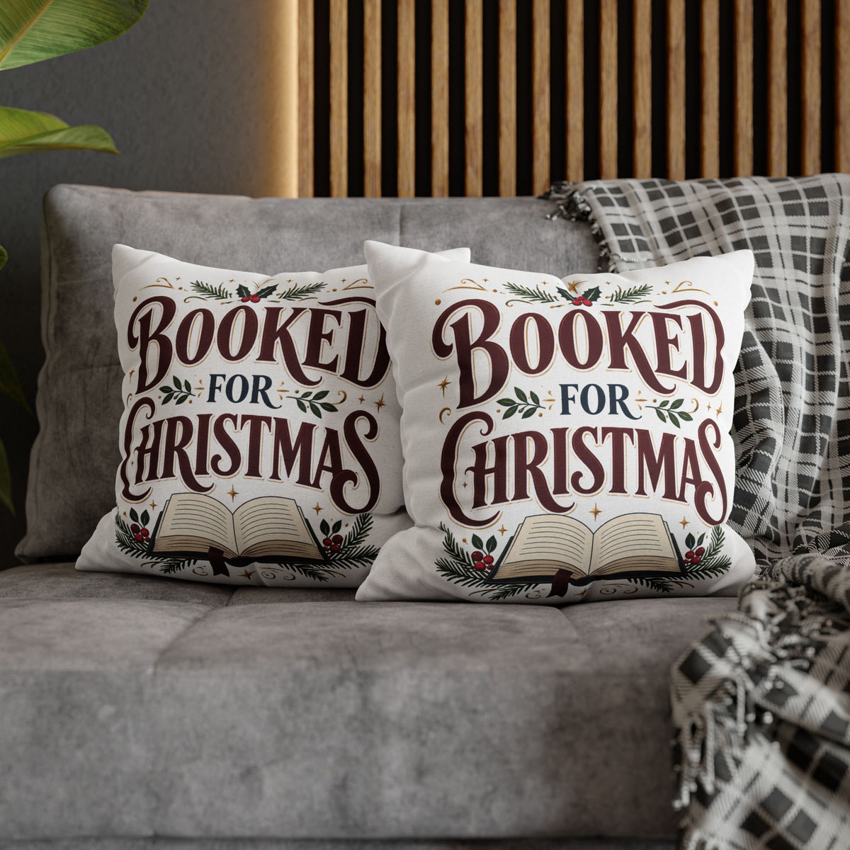 Booked for Christmas Square Pillowcase — Holiday Book Lover Throw Pillow