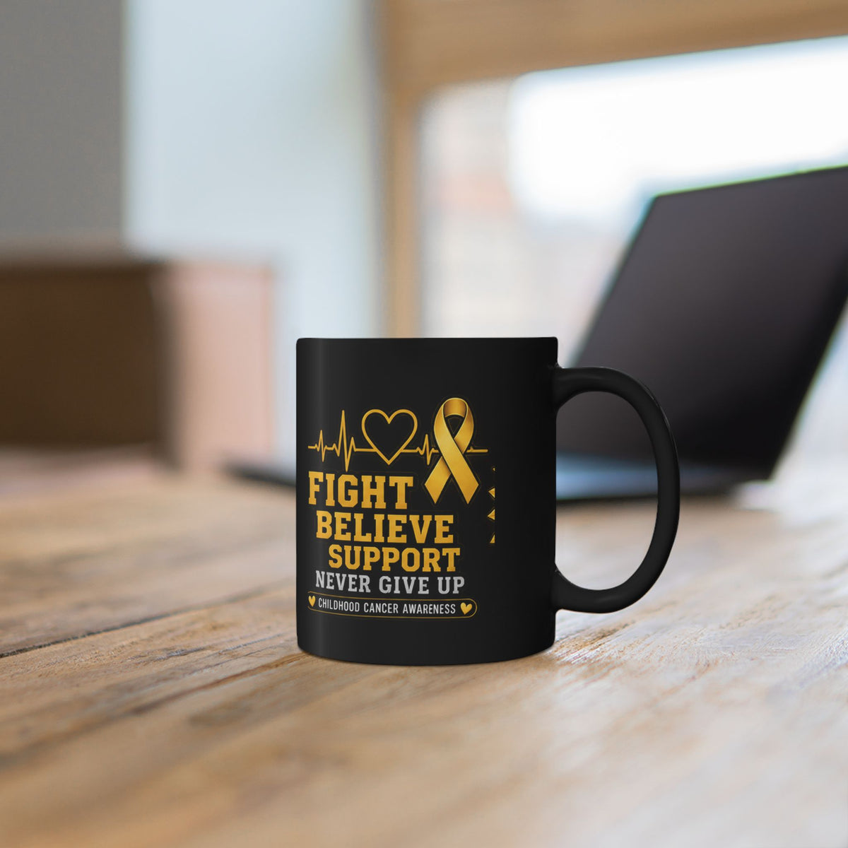Childhood Cancer Awareness Black Mug — “Fight Believe Support Never Give Up” (11oz, 15oz)