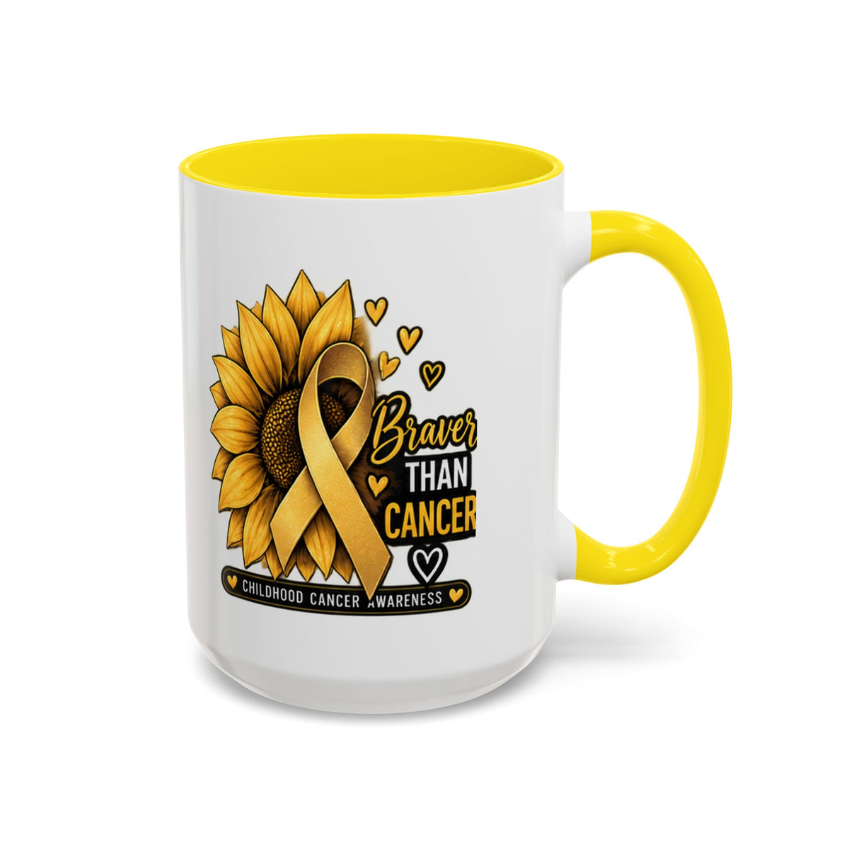Childhood Cancer Awareness Mug — "Braver Than Cancer" Sunflower & Gold Ribbon