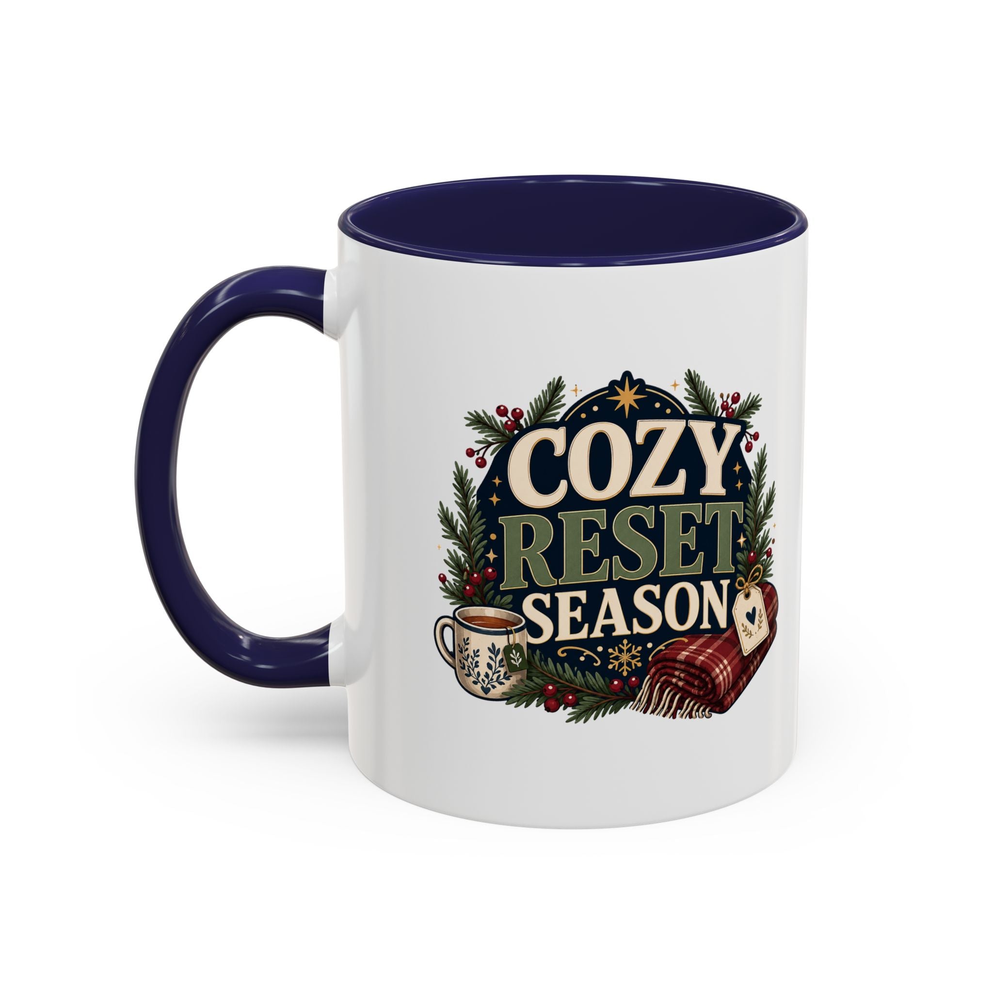 Modern Day Christmas Cozy Reset Season Mug — Holiday Coffee Cup with Blanket & Tea Tag Design