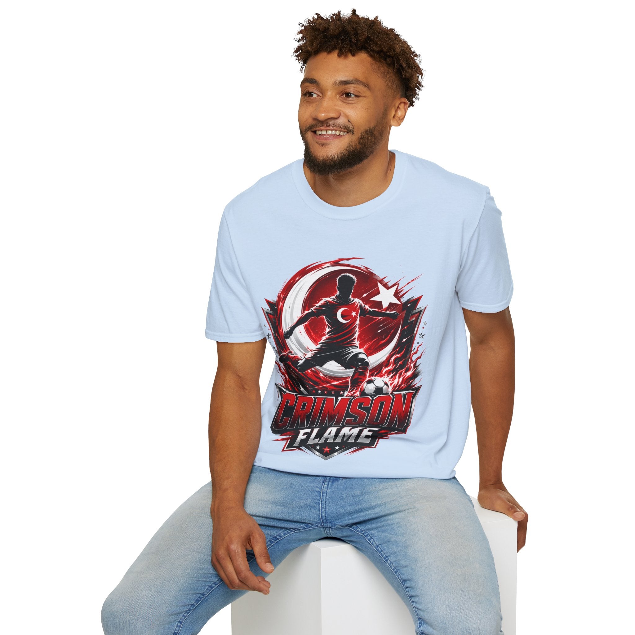 Turkey Crimson Flame Soccer T-Shirt — Turkish Crescent & Star Football Fan Tee