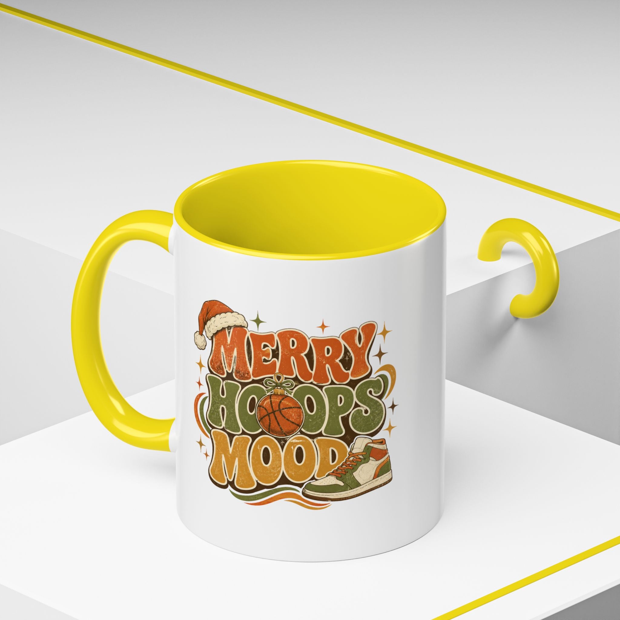 Modern Day Christmas Merry Hoops Mood Accent Coffee Mug — Retro Basketball Christmas Design