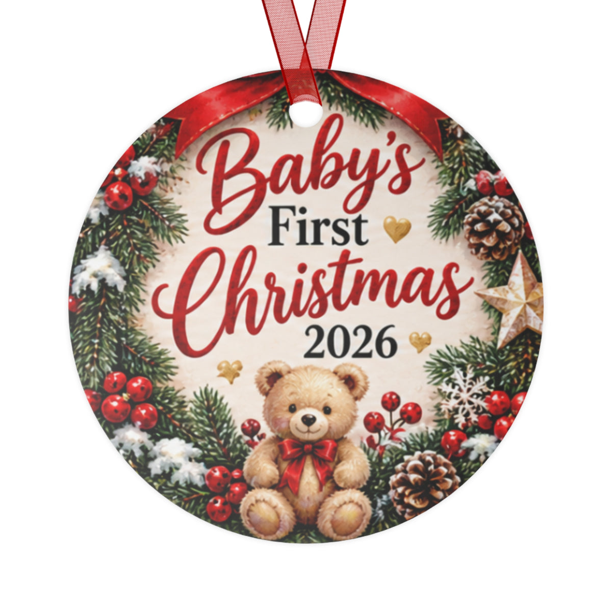 Baby's First Christmas 2026 Metal Ornament — Teddy Bear Holiday Keepsake