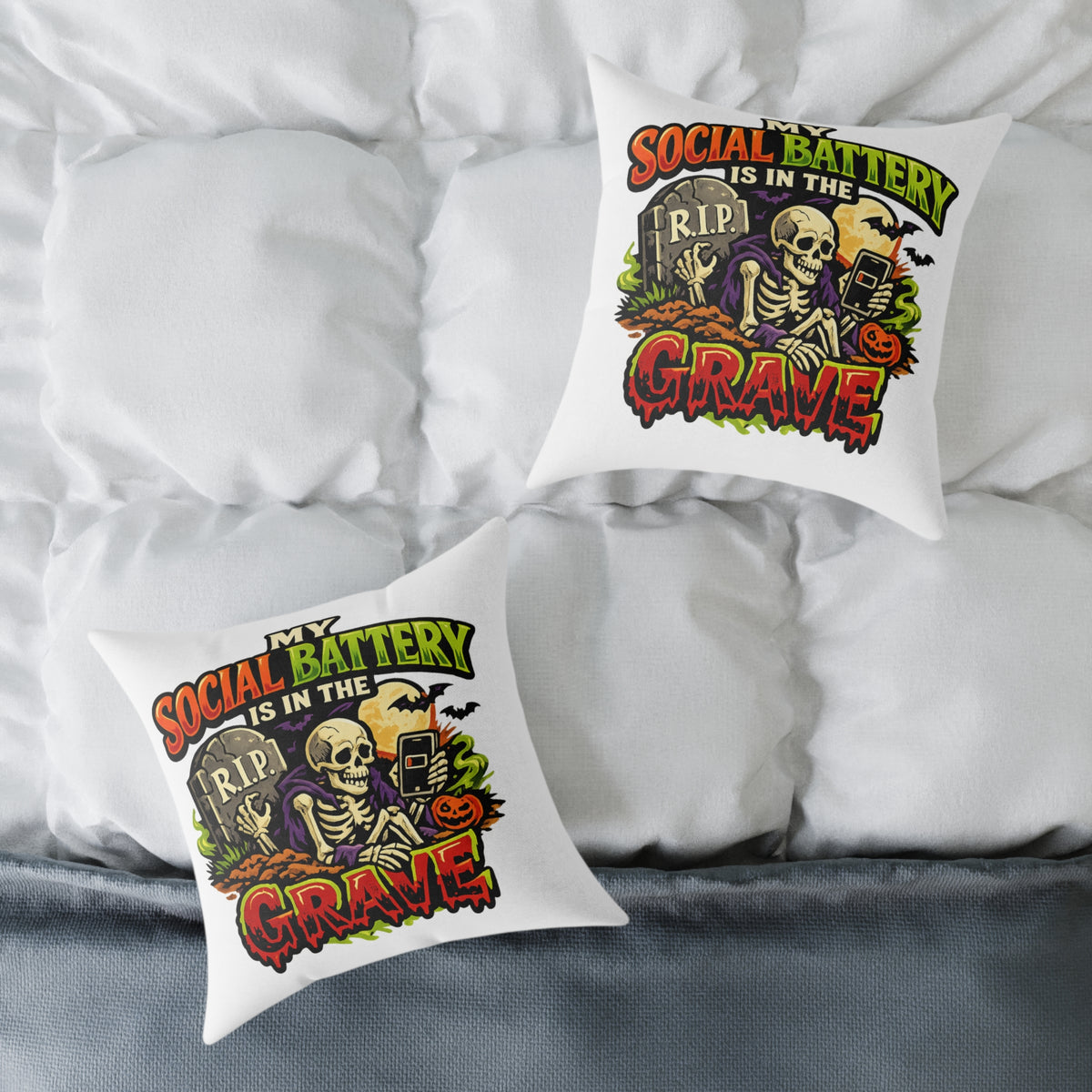 Halloween Skeleton Pillow - "My Social Battery Is In The Grave" Decorative Throw Pillow