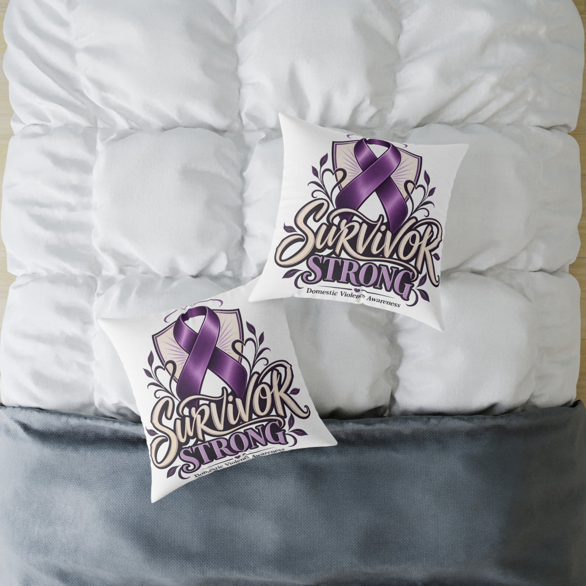 Survivor Strong Purple Ribbon Square Pillow — Domestic Violence Awareness Support Home Decor