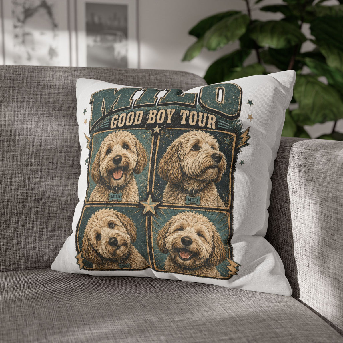 Dog Pillowcase— "MILO Good Boy Tour" Spun Polyester Throw Pillowcase Milo Bailey Dog Dad Mom