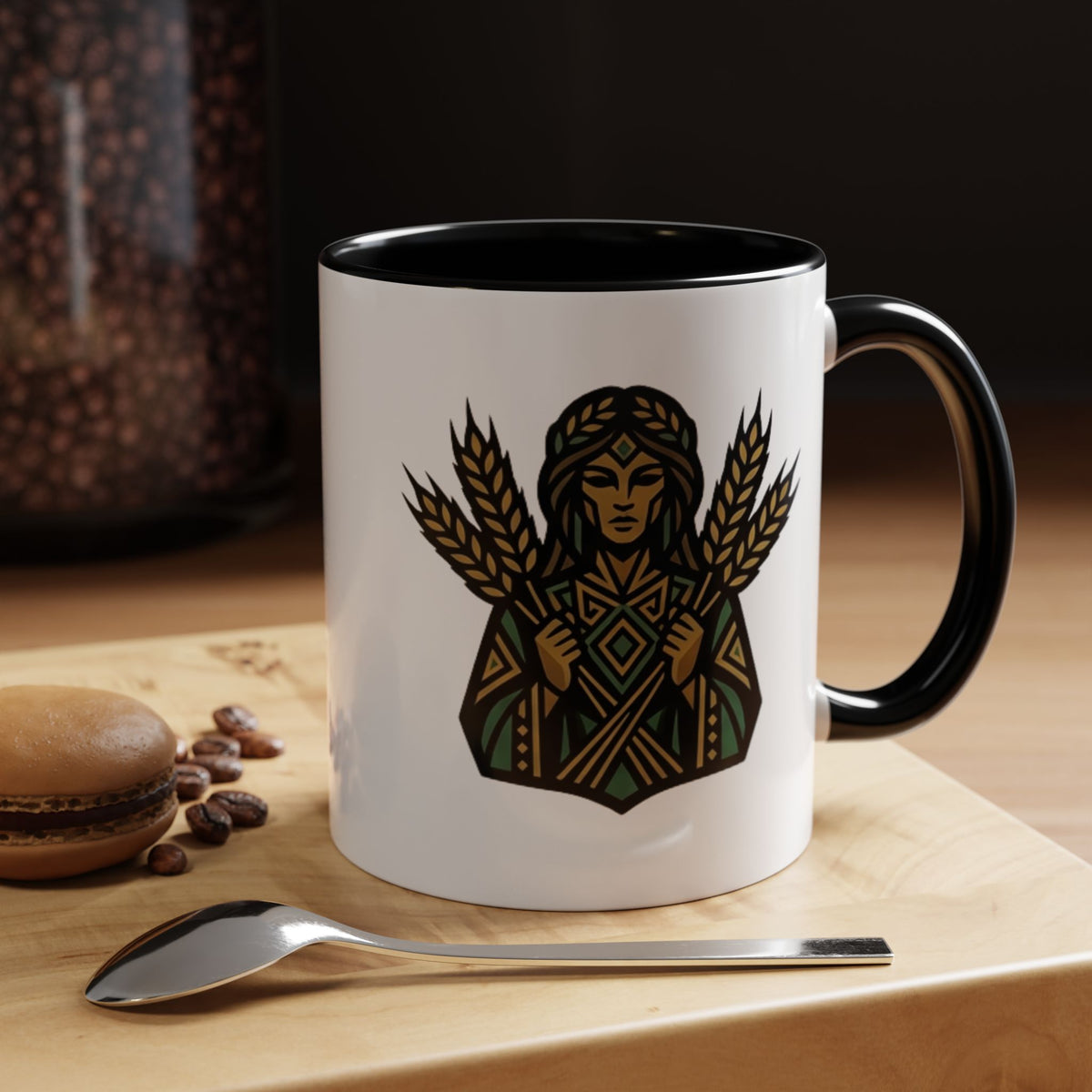 Virgo Zodiac Harvest Goddess Accent Coffee Mug — Rustic Wheat & Earthy Green Tribal Design