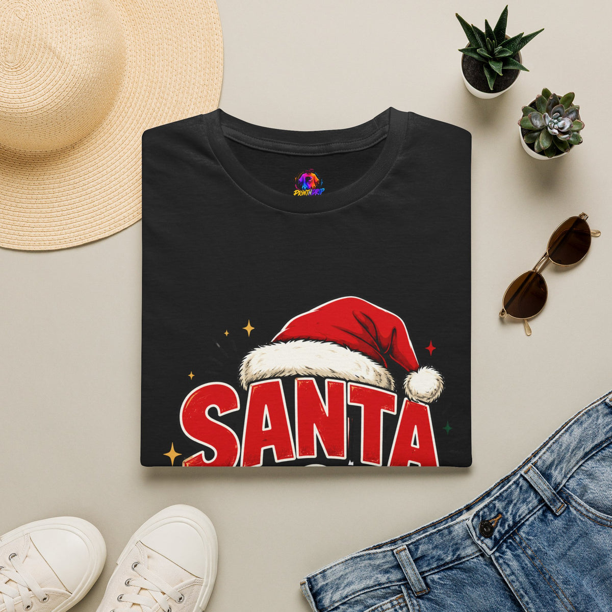 Santa Mode T-Shirt — Holiday Christmas Graphic Tee with Santa Hat