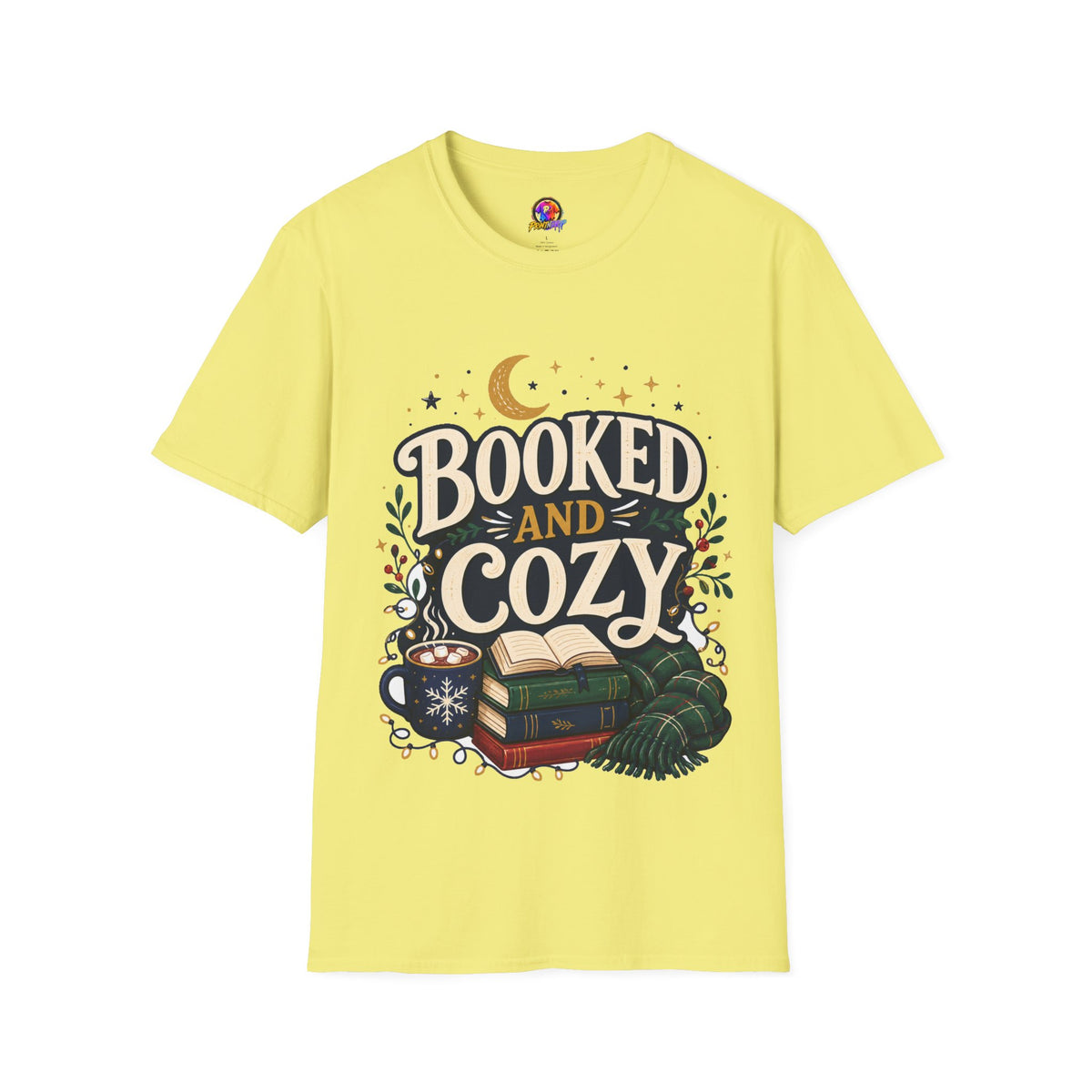 Booked and Cozy T-Shirt — Cozy Reading Graphic Tee (Books, Moon & Stars)