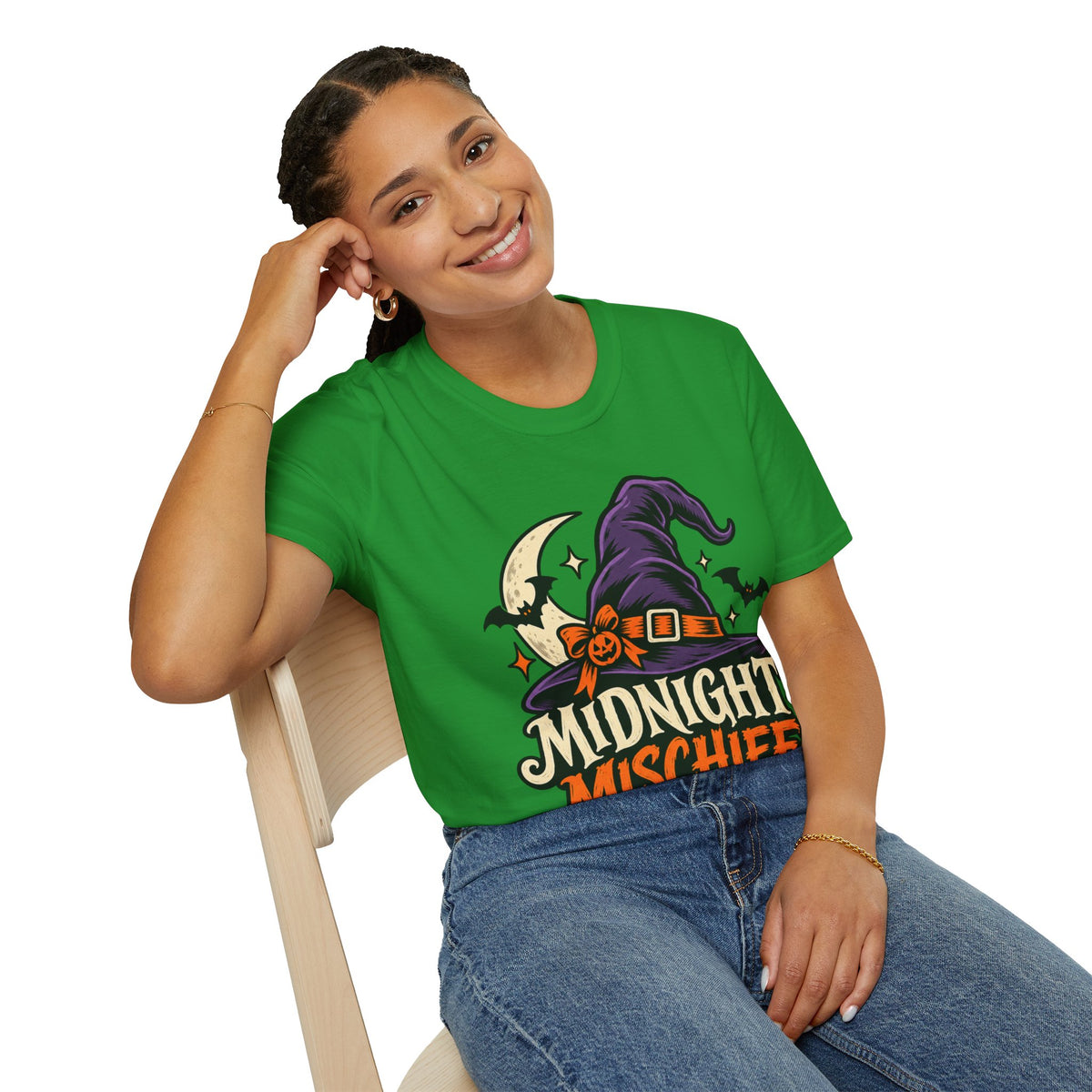 Midnight Mischief Halloween T-Shirt — Witch Hat & Bats Graphic