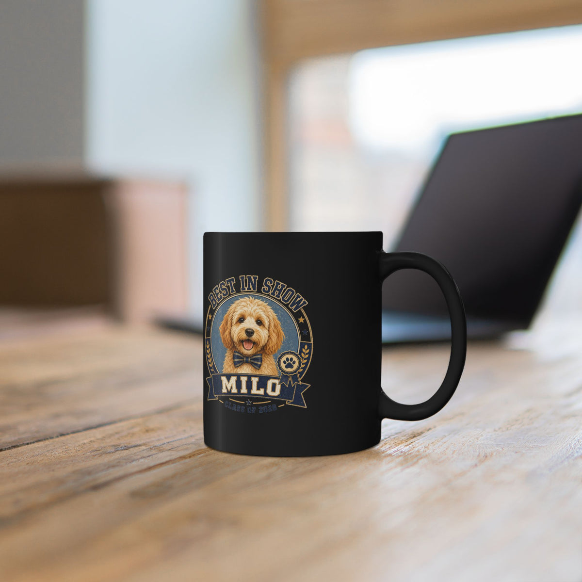 Milo Bailey Dog Dad Mom Best in Show Milo Black Coffee Mug – Personalized Dog Portrait