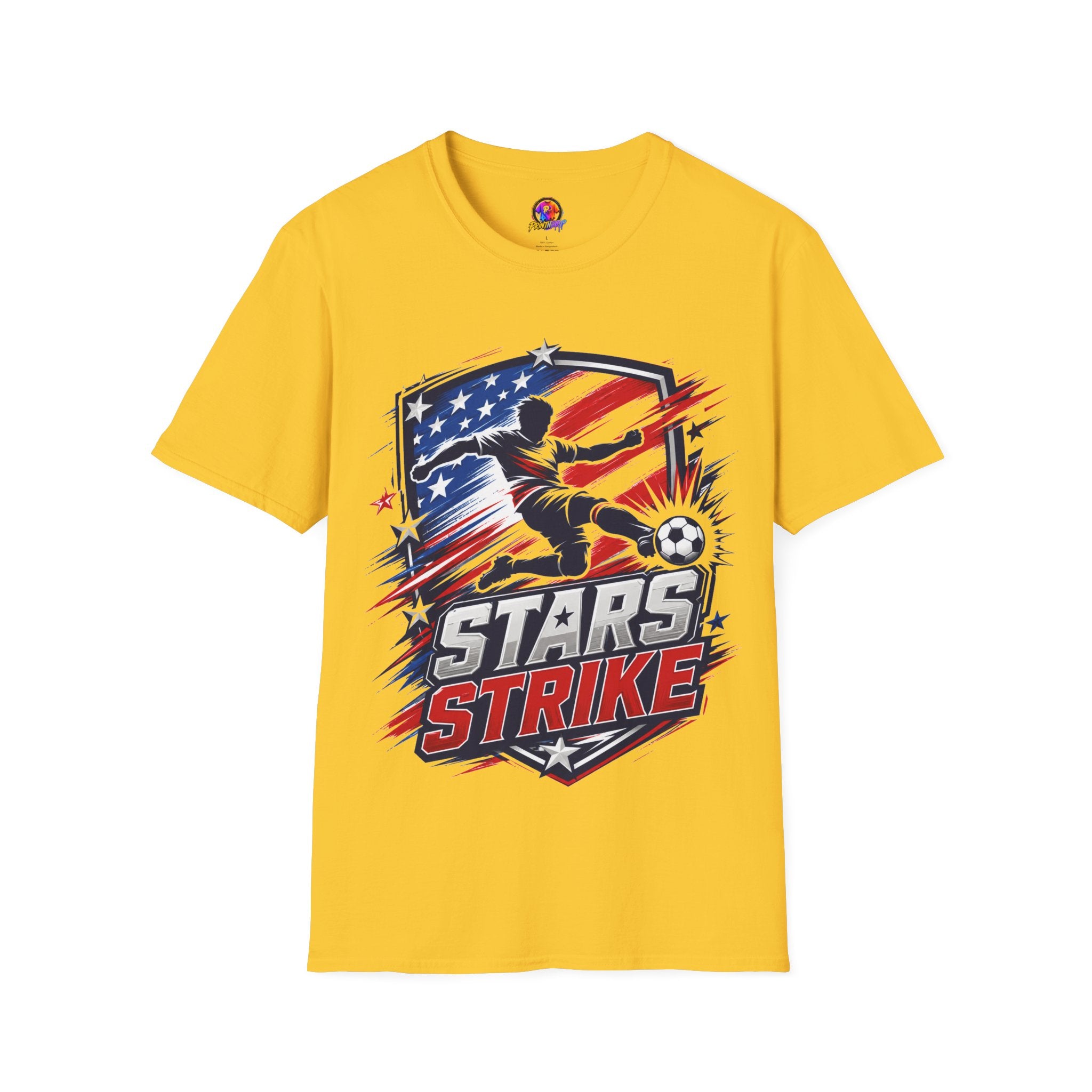 USA Soccer Stars Strike T‑Shirt — American Flag Soccer Player Graphic