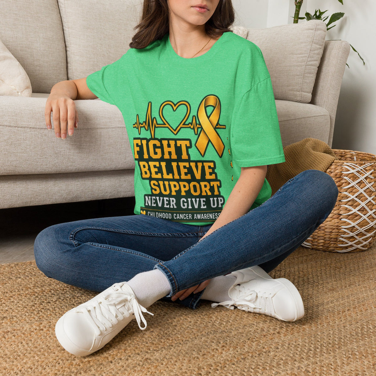 Childhood Cancer Awareness T-Shirt – "Fight Believe Support Never Give Up" Gold Ribbon Tee