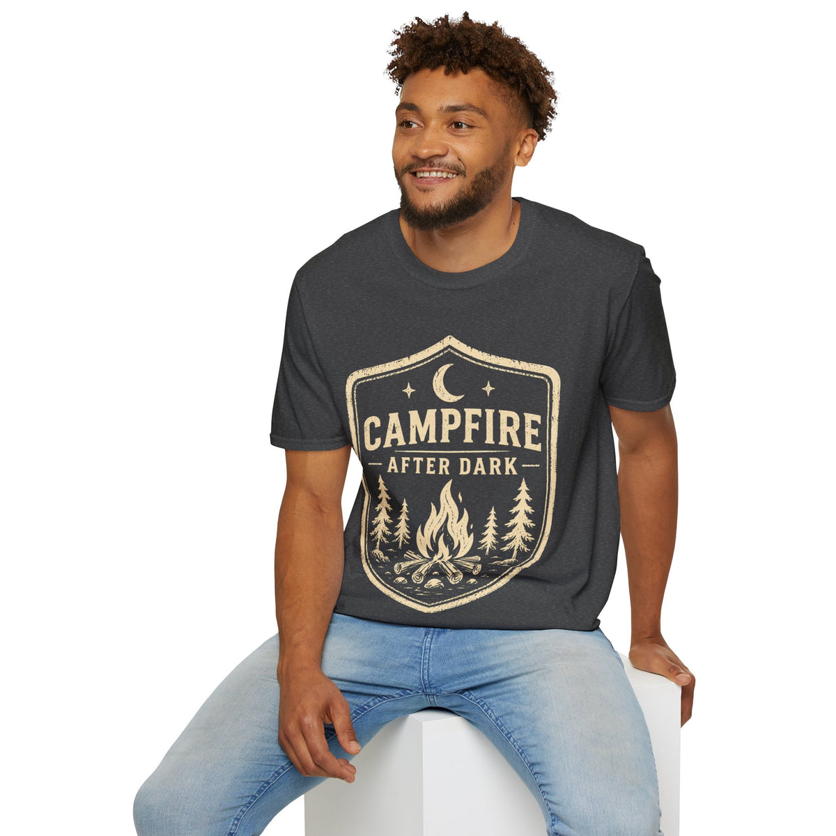 Campfire After Dark T-Shirt — Retro Camping Badge Tee for Outdoor Lovers