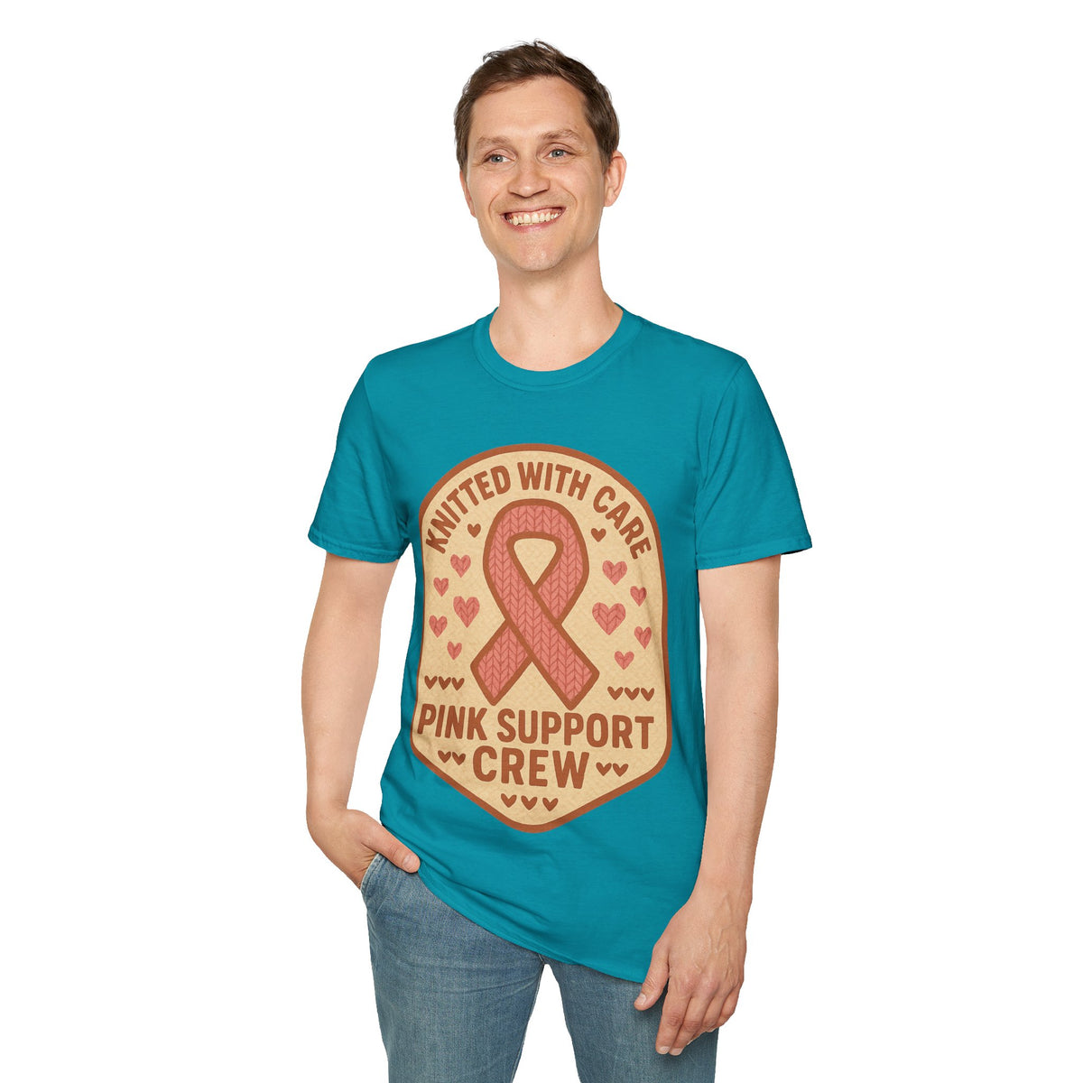Pink Support Crew Knitted With Care Shield Badge T-Shirt, Breast Cancer Awareness Tee - Trending Now - September 2026