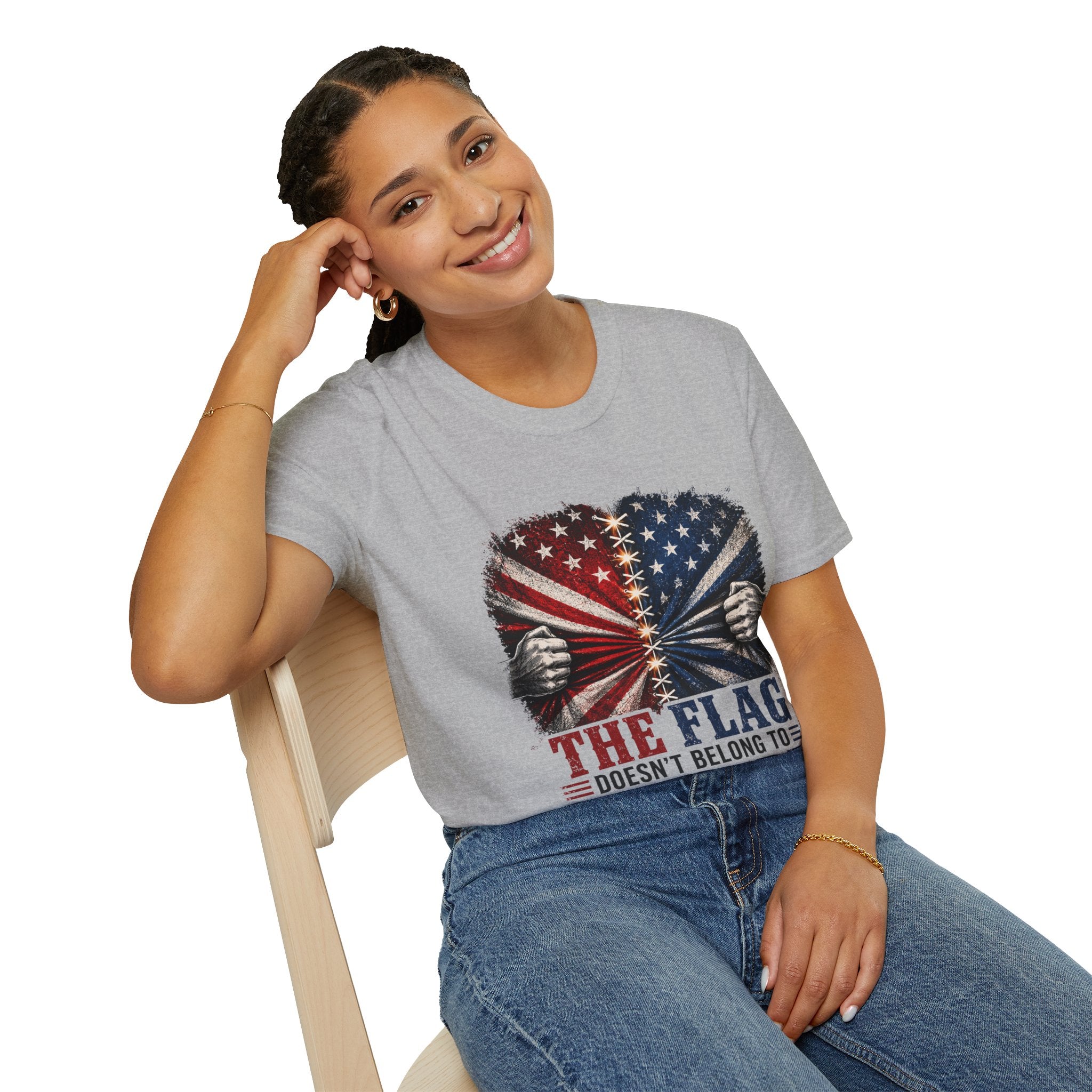 T-Shirt — "The Flag Doesn't Belong to One Side" Distressed American Flag Graphic