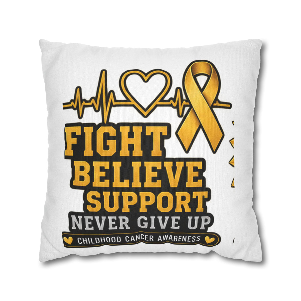 Childhood Cancer Awareness Pillow — "Fight Believe Support Never Give Up" Gold Ribbon Decorative Throw Pillow