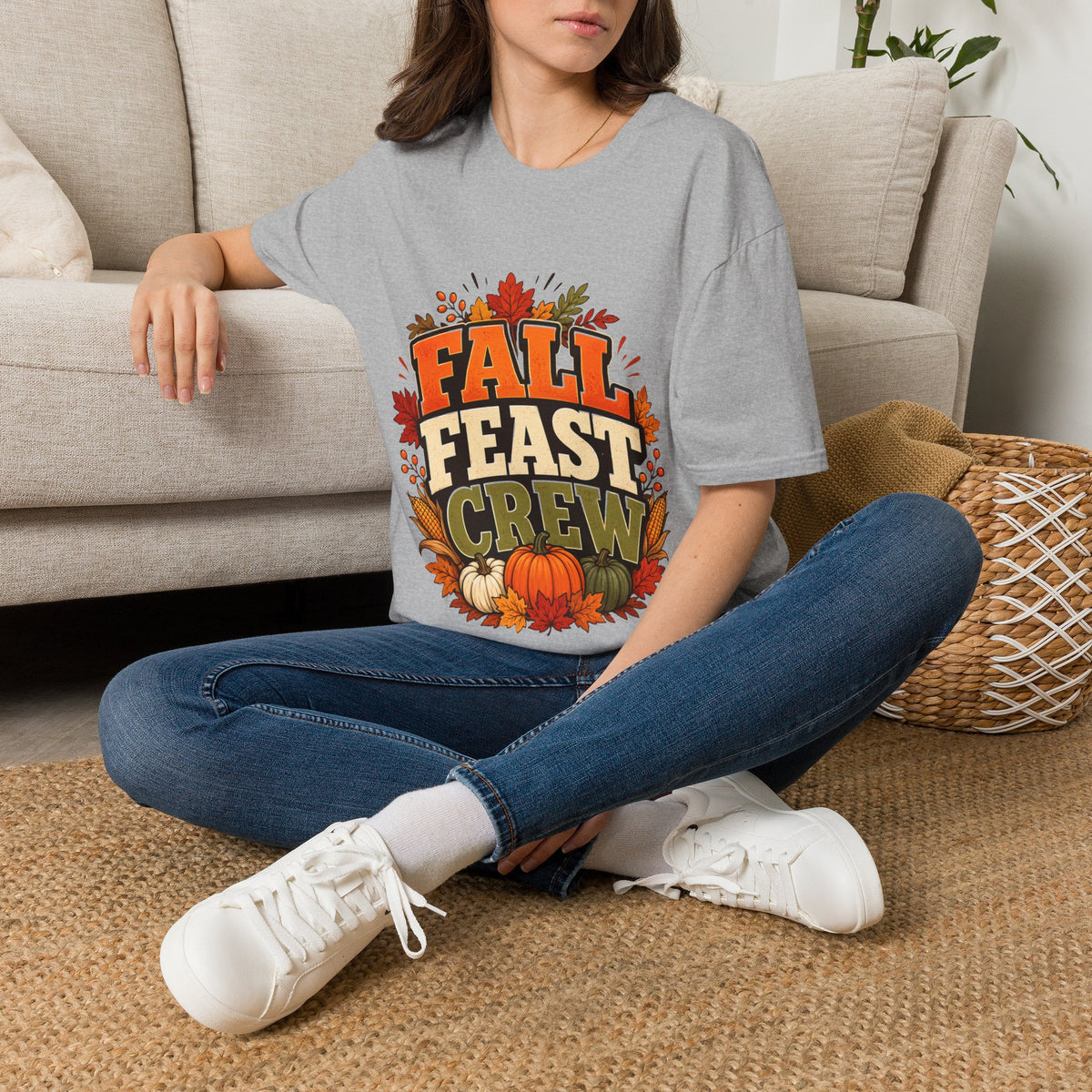 Thanksgiving T-Shirt Fall Feast Crew T-Shirt — Thanksgiving Pumpkin & Leaves Graphic Tee