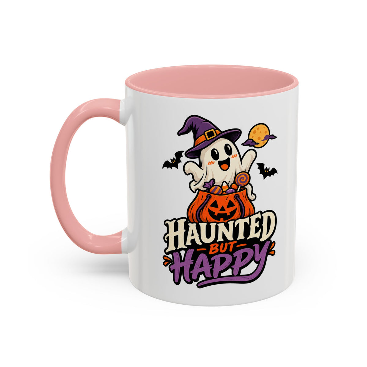 Haunted But Happy Coffee Mug — Halloween Ghost Pumpkin Accent Mug (11/15oz)