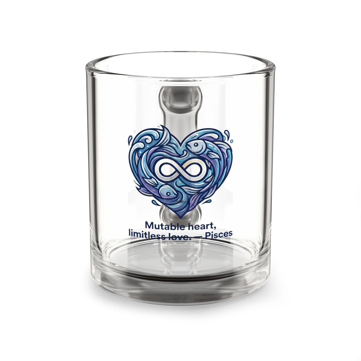 Pisces Heart Glass Mug — 10oz Zodiac Coffee Cup with Watercolor Infinity Design