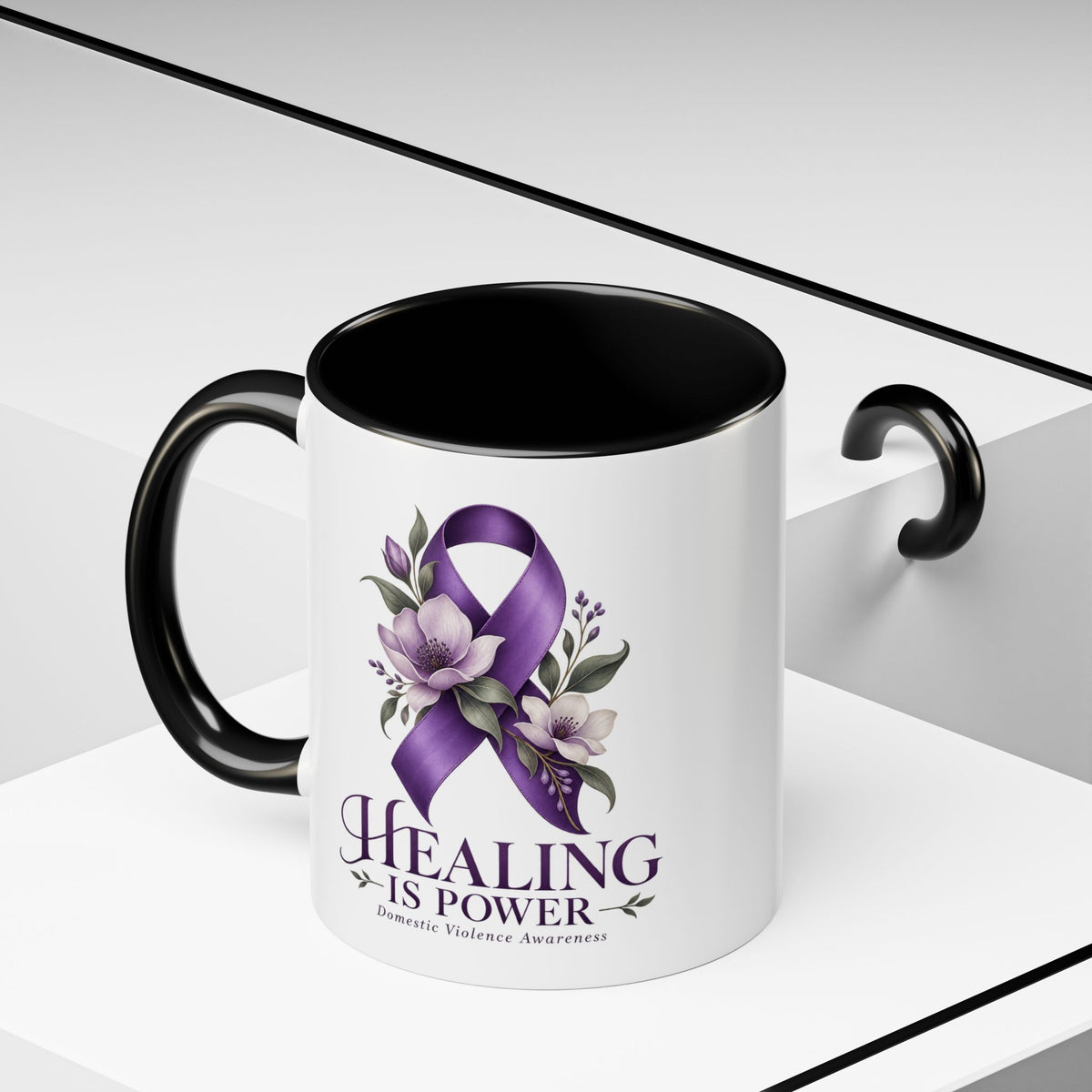 Healing Is Power Purple Ribbon Coffee Mug — Domestic Violence Awareness Accent Mug (11/15oz)