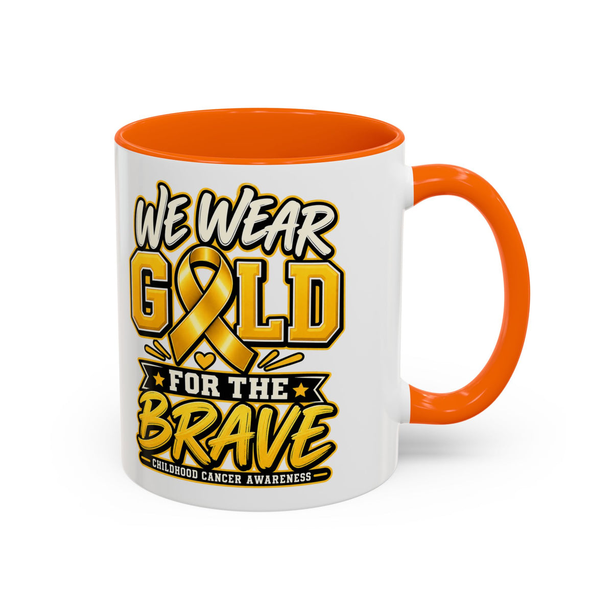 Childhood Cancer Awareness Accent Coffee Mug – "We Wear Gold for the Brave" (11/15 oz)