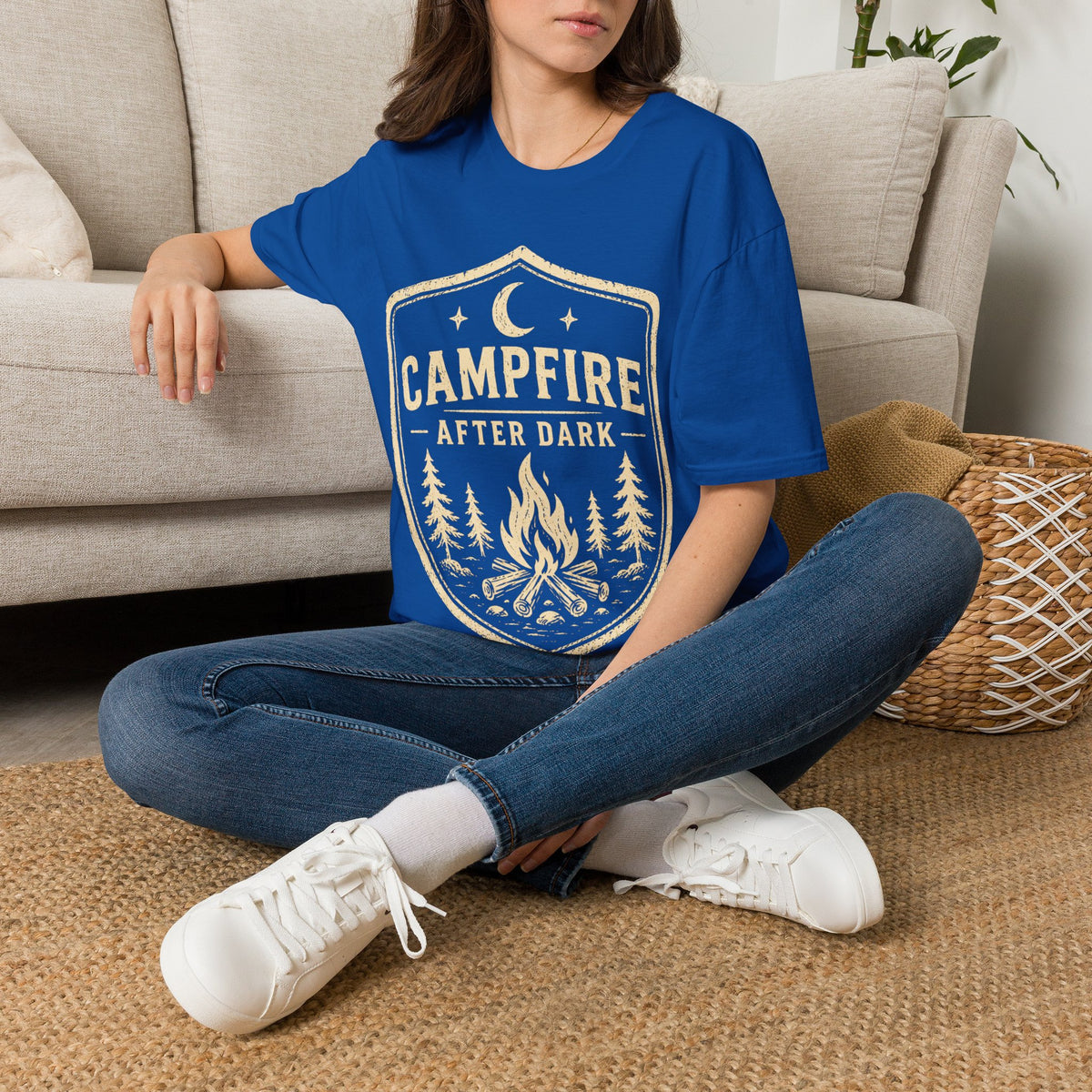Campfire After Dark T-Shirt — Retro Camping Badge Tee for Outdoor Lovers