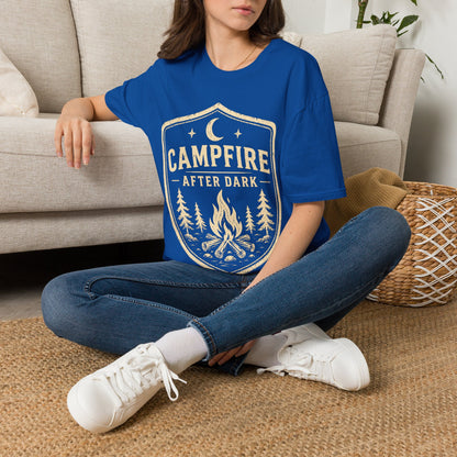 Campfire After Dark T-Shirt — Retro Camping Badge Tee for Outdoor Lovers