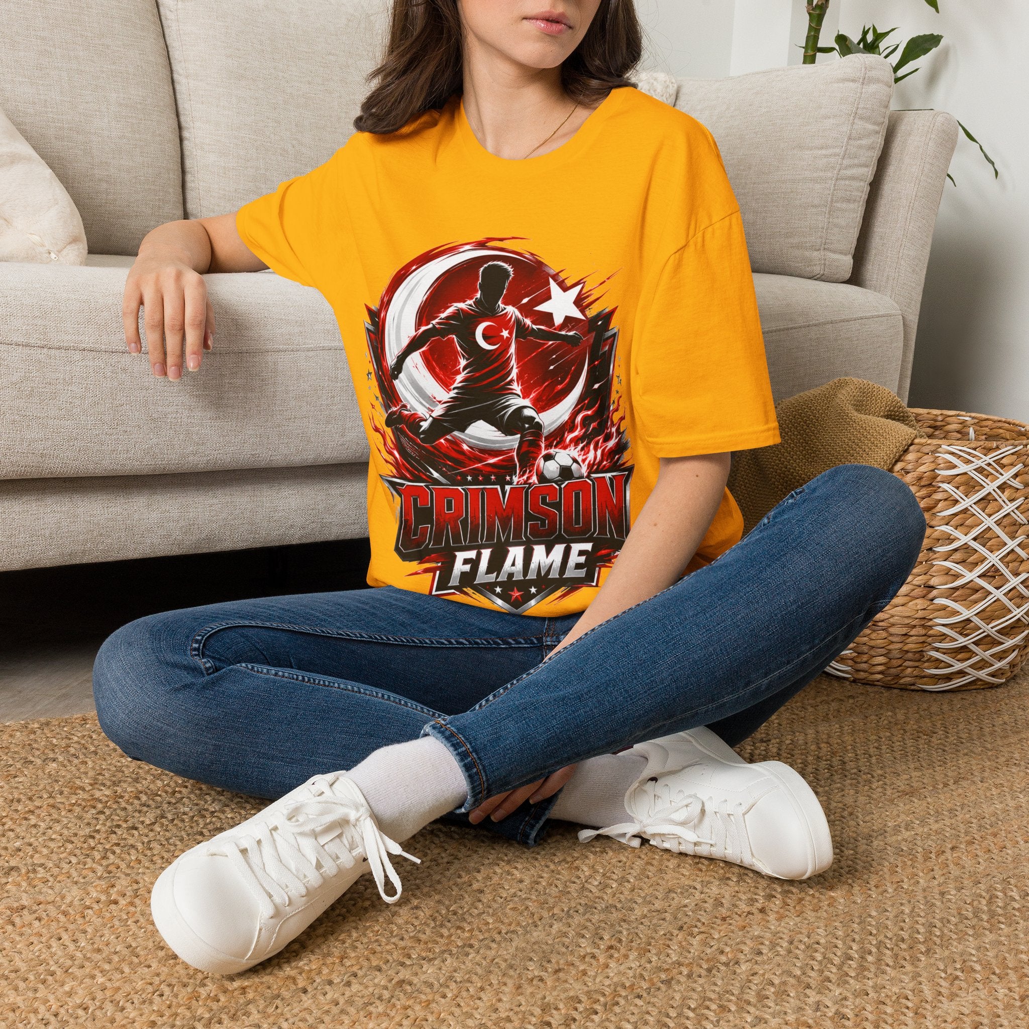 Turkey Crimson Flame Soccer T-Shirt — Turkish Crescent & Star Football Fan Tee