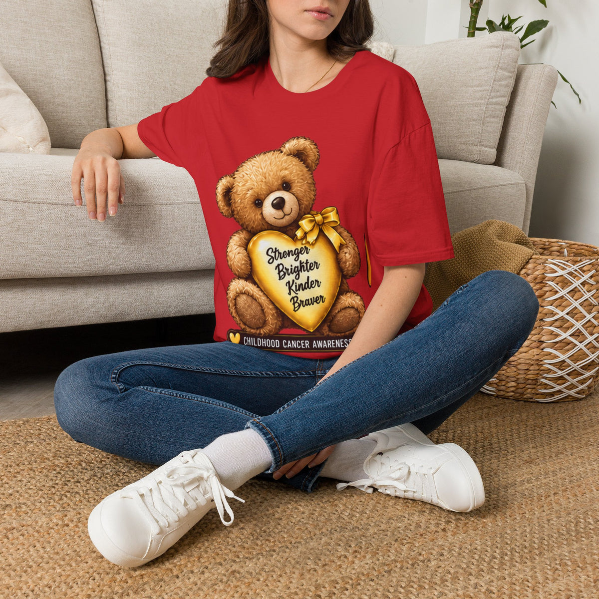 Childhood Cancer Awareness Teddy T-Shirt — "Stronger Brighter Kinder Braver"