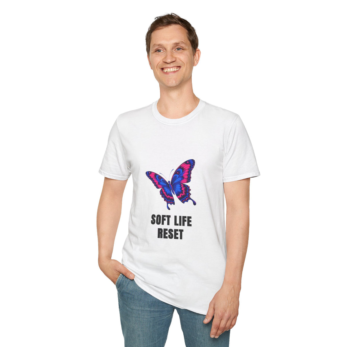 Butterfly 'Soft Life Reset' T-Shirt — Vibrant Pink & Blue Graphic Tee - Trending Now - August 2026