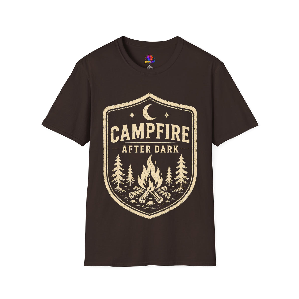 Campfire After Dark T-Shirt — Retro Camping Badge Tee for Outdoor Lovers
