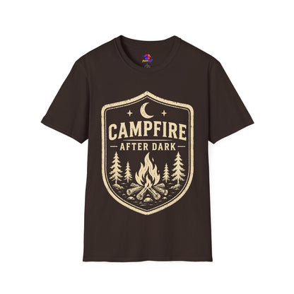 Campfire After Dark T-Shirt — Retro Camping Badge Tee for Outdoor Lovers
