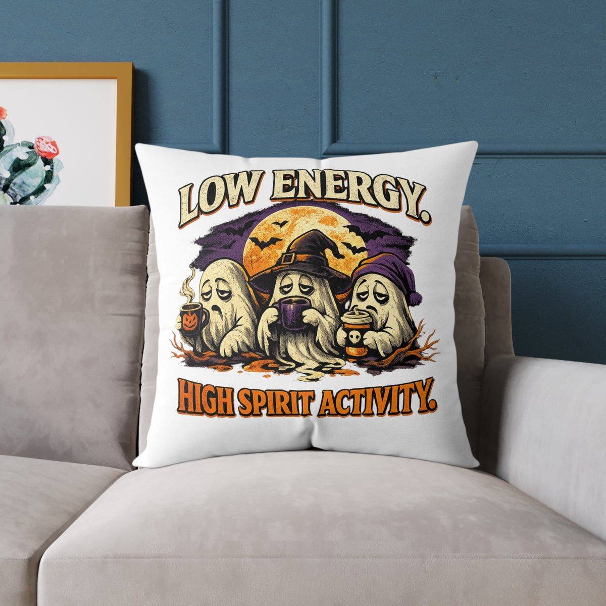 Halloween Pillow - "Low Energy, High Spirit Activity" Ghost & Witch Throw Pillow