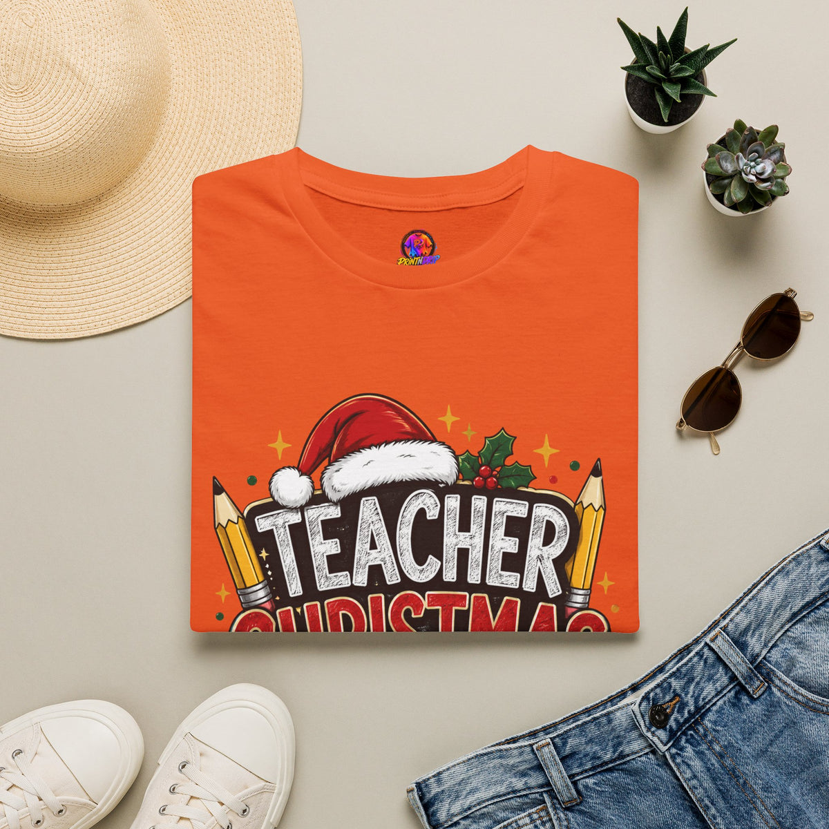 Teacher Christmas Crew T-Shirt — Holiday School Staff Tee with Santa Hat & Pencils
