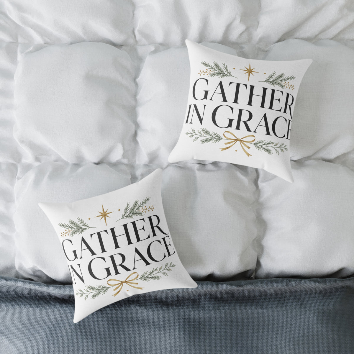 Christmas Gather in Grace Holiday Pillow - Square Poly Canvas Throw Pillow