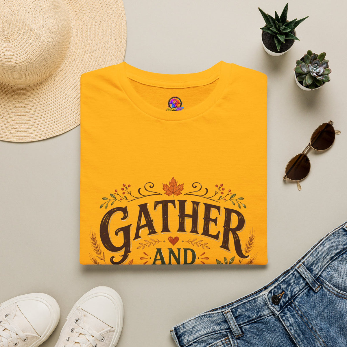 Thanksgiving T-Shirt Gather and Give Thanks T-Shirt — Thanksgiving Fall Holiday Tee