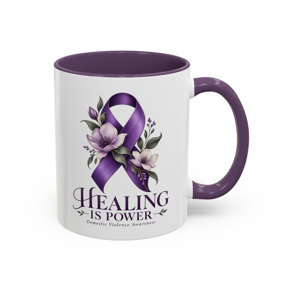 Healing Is Power Purple Ribbon Coffee Mug — Domestic Violence Awareness Accent Mug (11/15oz)
