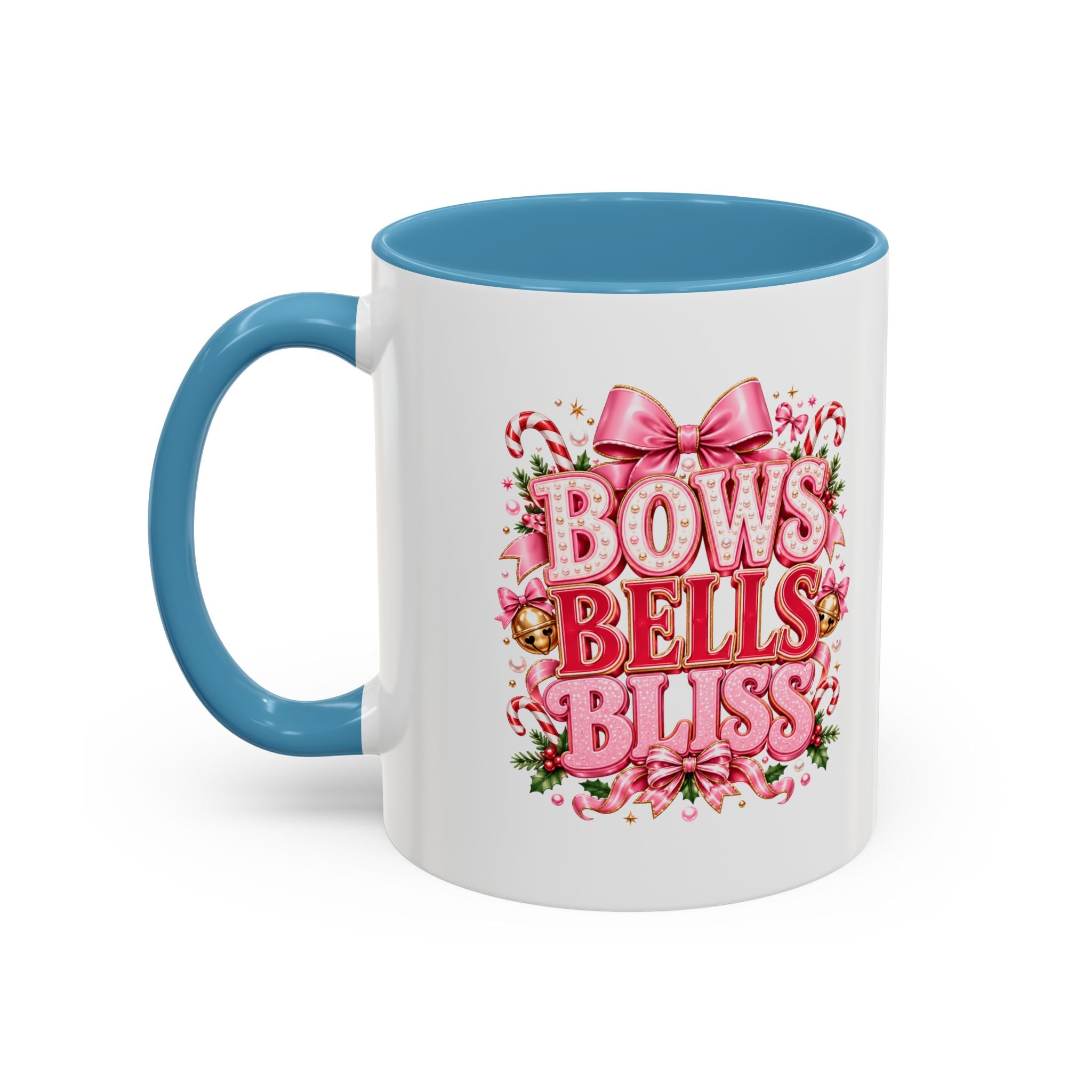 Modern Day Christmas Bows Bells Bliss Coffee Mug — Pink Holiday Accent Mug
