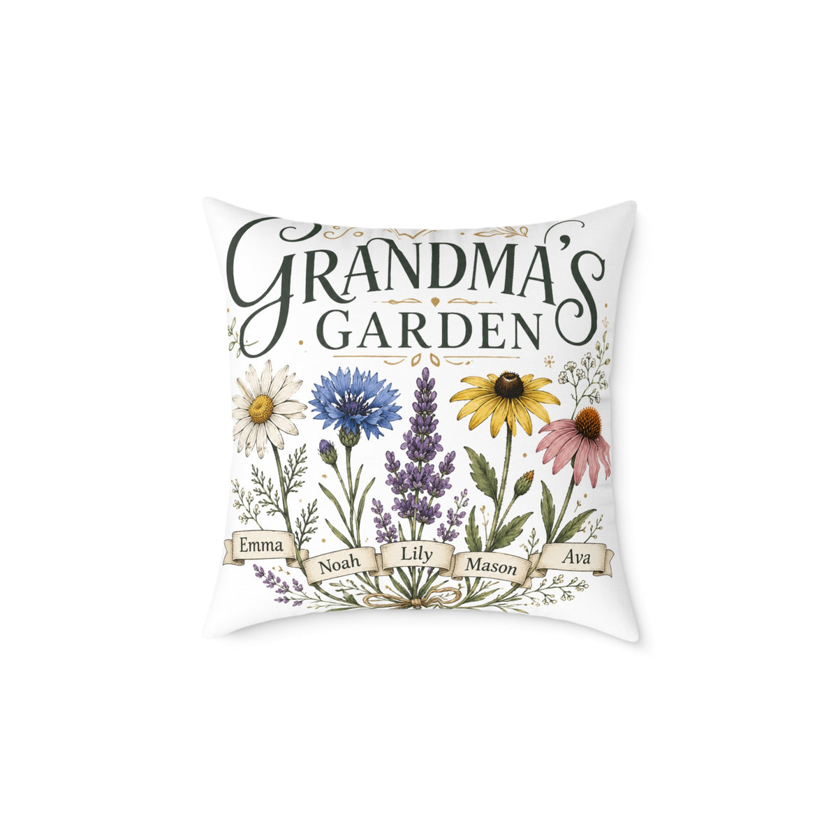 Grandma's Garden Floral Throw Pillow  Milo Bailey Dog Dad Mom— Personalized Family Names