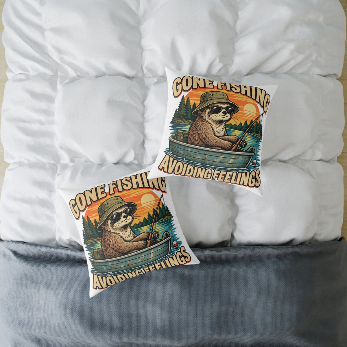 Gone Fishing Pillow —Funny  'Gone Fishing, Avoiding Feelings' Sloth Fishing Decorative Throw Pillow